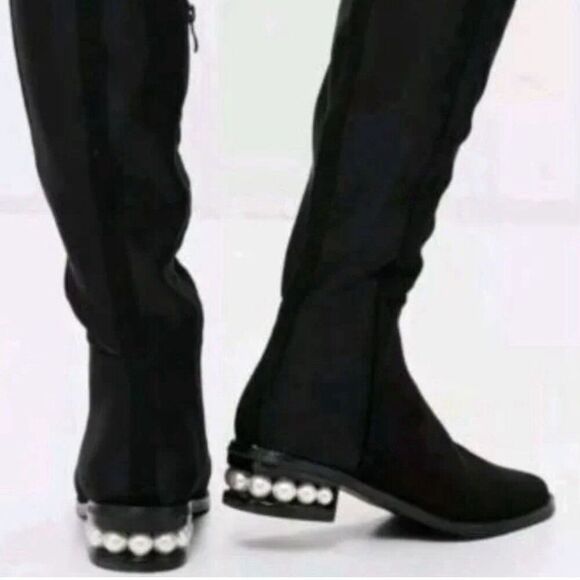 CATHERINE MALANDRINO Black Vegan Suede Over the Knee Pearl Heel Boot 7.5 - Picture 3 of 14